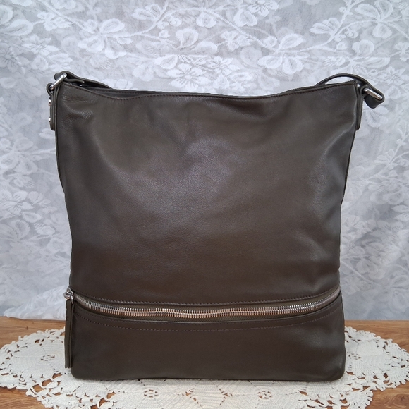 Margot Leather Bag Alma Hobo Shoulder Tote Dark Olive Green Brwn Silver Hardware - Picture 4 of 14